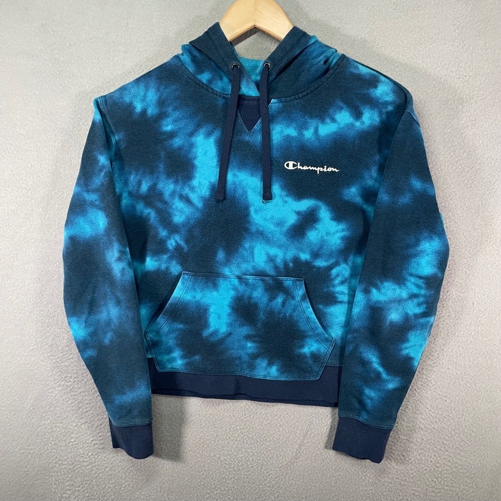 Champion Small Blue Tie Dye Hoodie Pullover‎ Sweatshirt READ Flaw